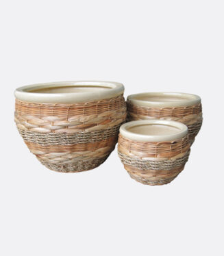 CERA-287- Indoor Pot Set of 3 - Rattan-wrapped ceramic planter