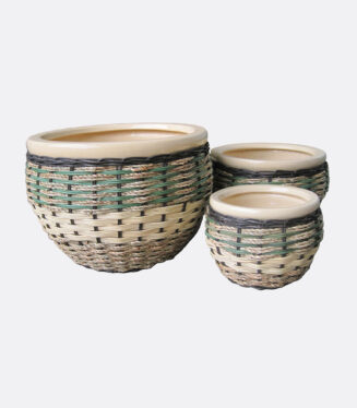 CERA-286- Indoor Pot Set of 3 - Handwoven rattan ceramic planter